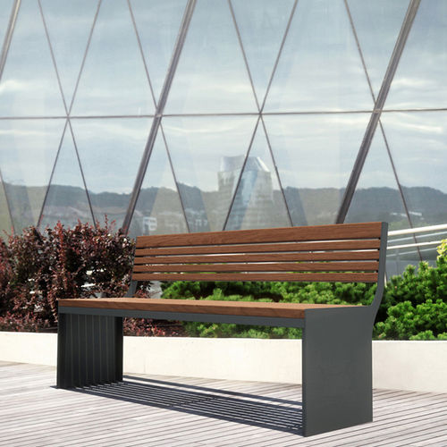 Современная общественная скамейка - SOHA - Concept Urbain - из экзотических пород дерева / из стального листа / со спинкой