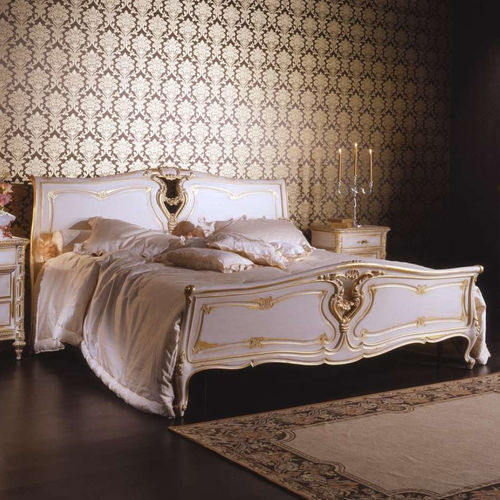 Двуспальная кровать - white and gold - VIMERCATI MEDA LUXURY CLASSIC FURNITURE - стиль Людовик XIV / обитая / с обитым изголовьем