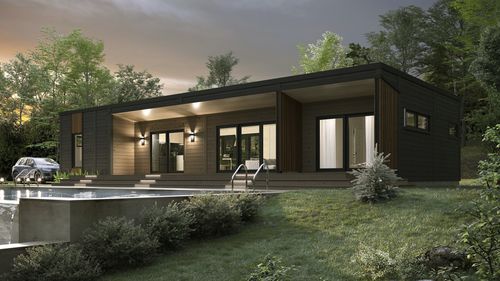 Дом из штабелированного лесоматериала - Austin - TIMBER BLOCK  - современный / одноэтажный / с террасой