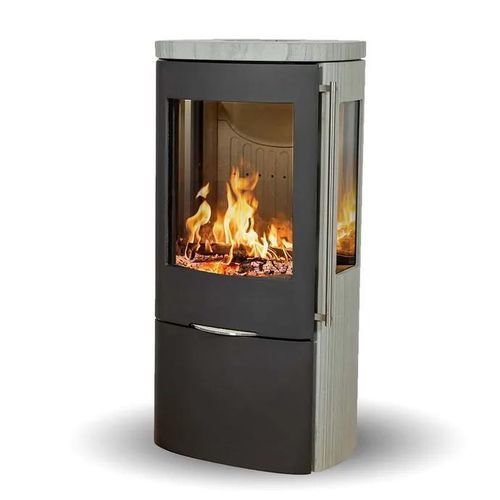Печь-камин на дровах - SENZA GREY WOOD SANDSTONE SIDEGLASS - Jydepejsen A/S - отдельностоящая / с 3 поверхностями / современная