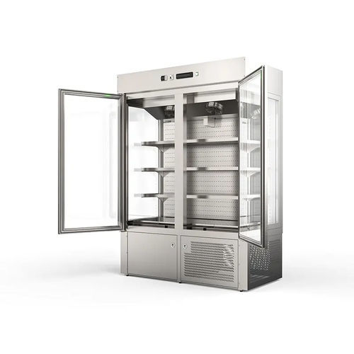 Стоечная холодильная витрина - Olimpo - Moving Glass & Metal Design - для мясоперерабатывающего предприятия / из нержавеющей стали / с распашной дверцей