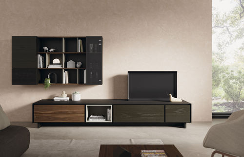 Современный настенный комплект для ТВ - BOOK 08 - VIVE - MUEBLES VERGE S.L. - из лакированной древесины / из орехового дерева / из стекла