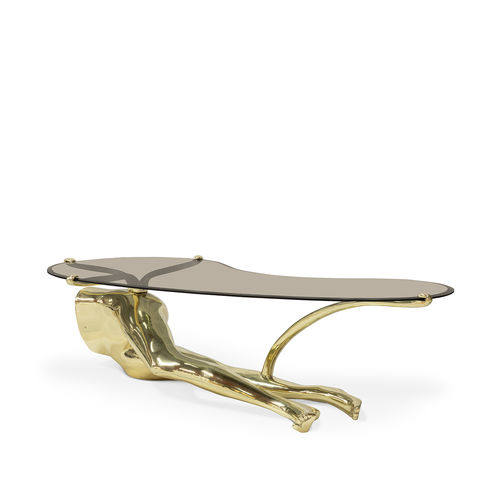 Журнальный столик уникальный дизайн - TABU POLISHED BRASS - KOKET Love Happens - из закаленного стекла / с основанием из шлифованной латуни / для бытового использования