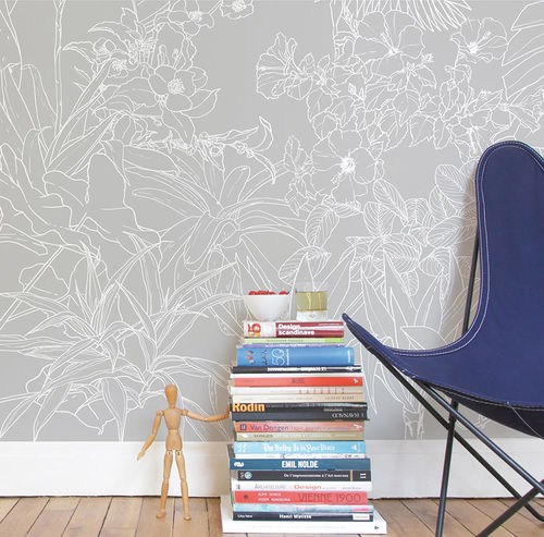 Современный обои - Papier peint Jungle Tropical Fond Gris Panoramique - Ohmywall - с цветочным мотивом / природный мотив / панорамный