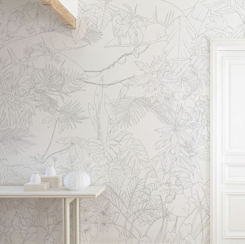 Современный обои - Papier peint Jungle Tropical Trait Gris Panoramique - Ohmywall - в цветочек / природный мотив / панорамный