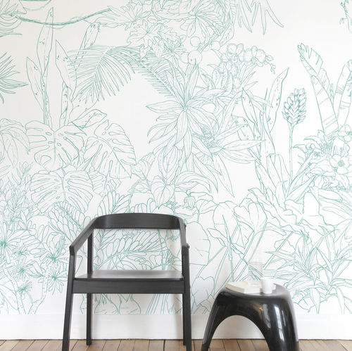 Современный обои - Papier peint Jungle Tropical Vert Turquoise Panoramique - Ohmywall - в цветочек / природный мотив / панорамный