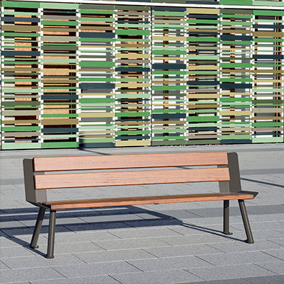 Современная общественная скамейка - ORIA - univers & cité | mobilier urbain - из дерева / из стали / со спинкой