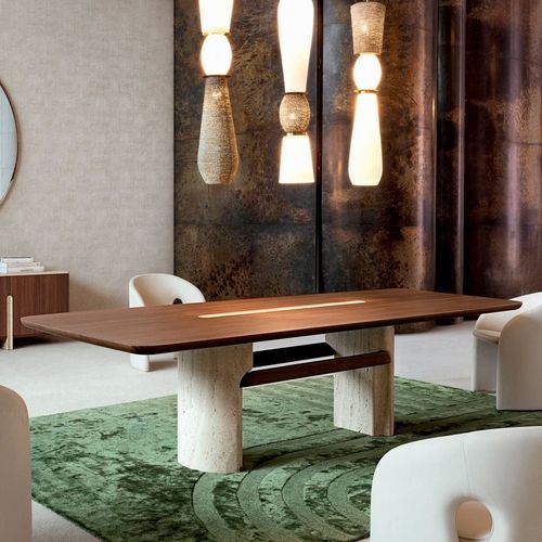 Современный обеденный стол - ROCHE BOBOIS - из фанерованной древесины / из МДФ / с основанием из травертина