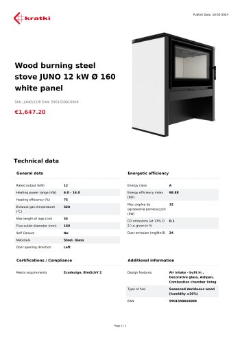 Wood burning steel stove JUNO 12 kW Ø 160 white panel