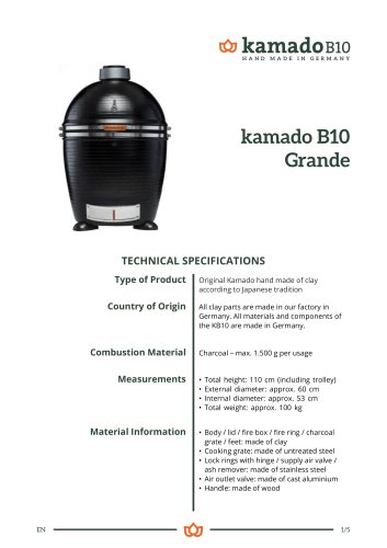 Technical specifications kamado B10 Grande