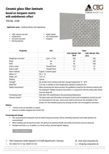 Ceramic glass fiber laminate based on inorganic matrix with endothermic effect