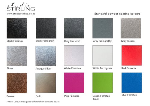 Standard powder coating colours