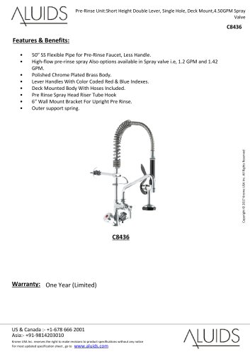 Pre-Rinse Unit:Short Height Double Lever, Single Hole, Deck Mount,4.50GPM Spray Valve C8436