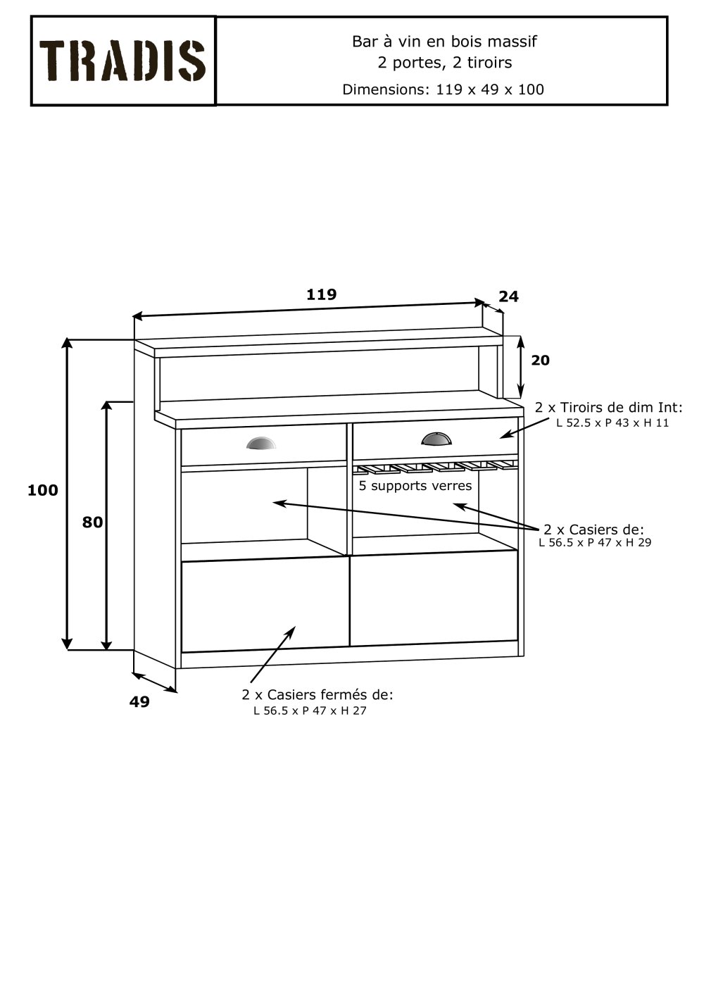Wooden wine bar, 2 doors, 2 drawers Solid wood - Tradis Design