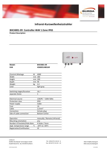 BHC4001-ER Controller 4kW 1 Zone IP65