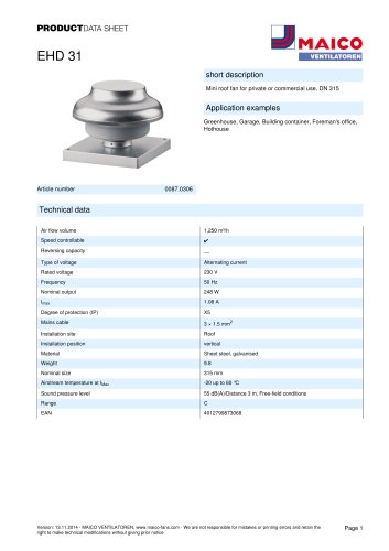 Centrifugal roof fan EHD 31