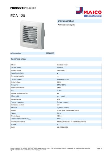 Product data sheet Small room fan ECA 120