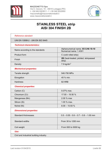 STAINLESS STEEL strip AISI 304 FINISH 2B