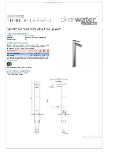 Sapphire Tall basin mixer without pop up waste