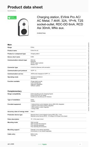 Charging station, EVlink Pro AC/ AC Metal, 7.4kW, 32A, 1P+N, T2S socket-outlet, RDC-DD 6mA, RCD Asi 30mA, MNx aux.